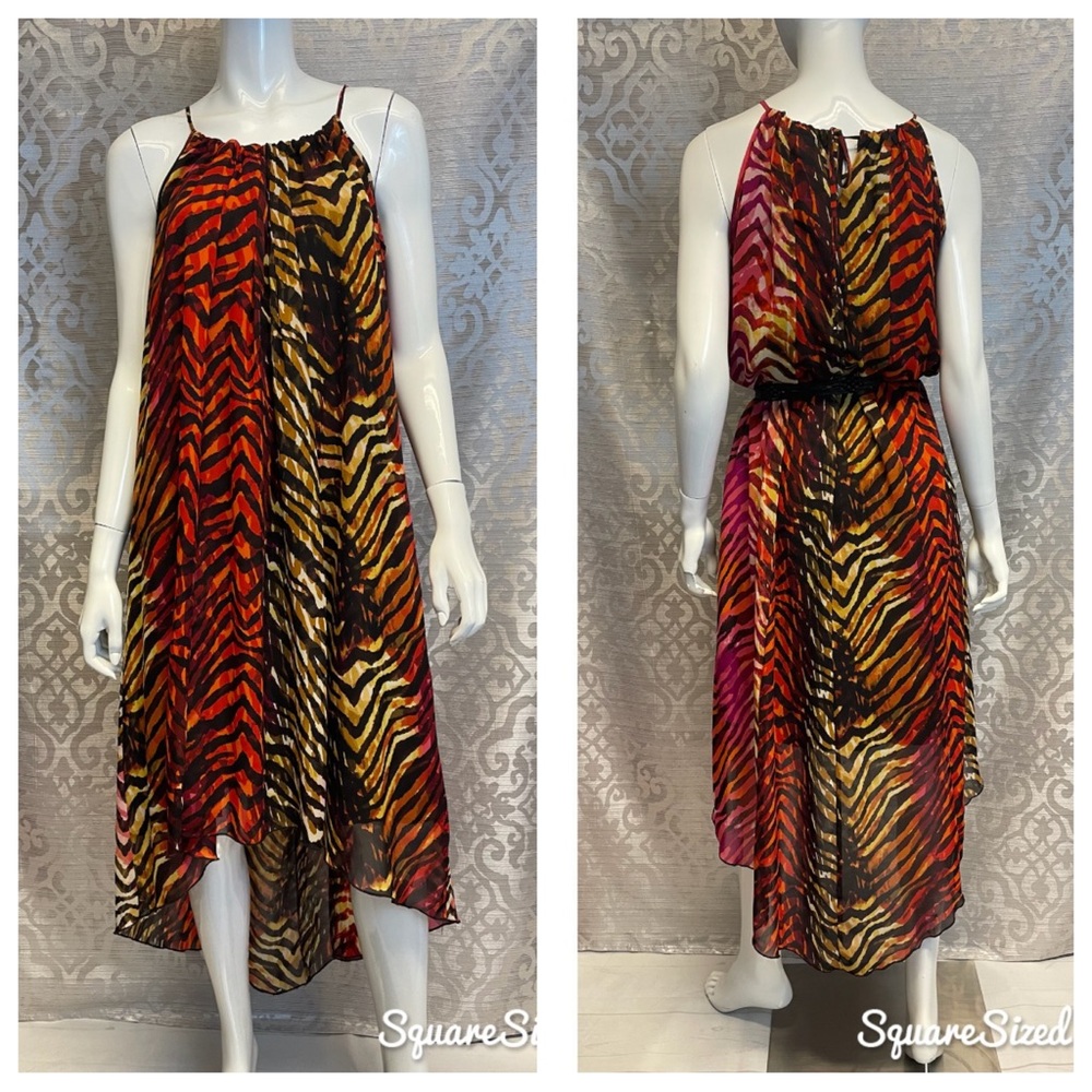 VALERIE BERTINELLI Chiffon Tiger Pattern Animal Print High Low Maxi Boho Dress L
